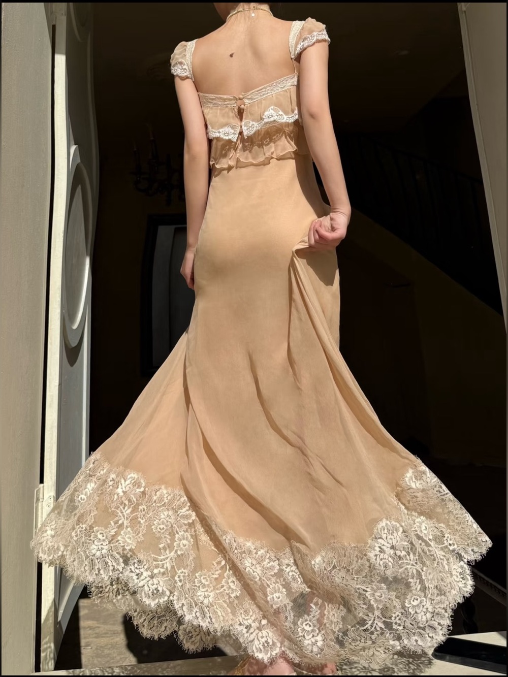 Luxury 100% Silk Lace Trim Maxi Dress Nude Peach ⭐️